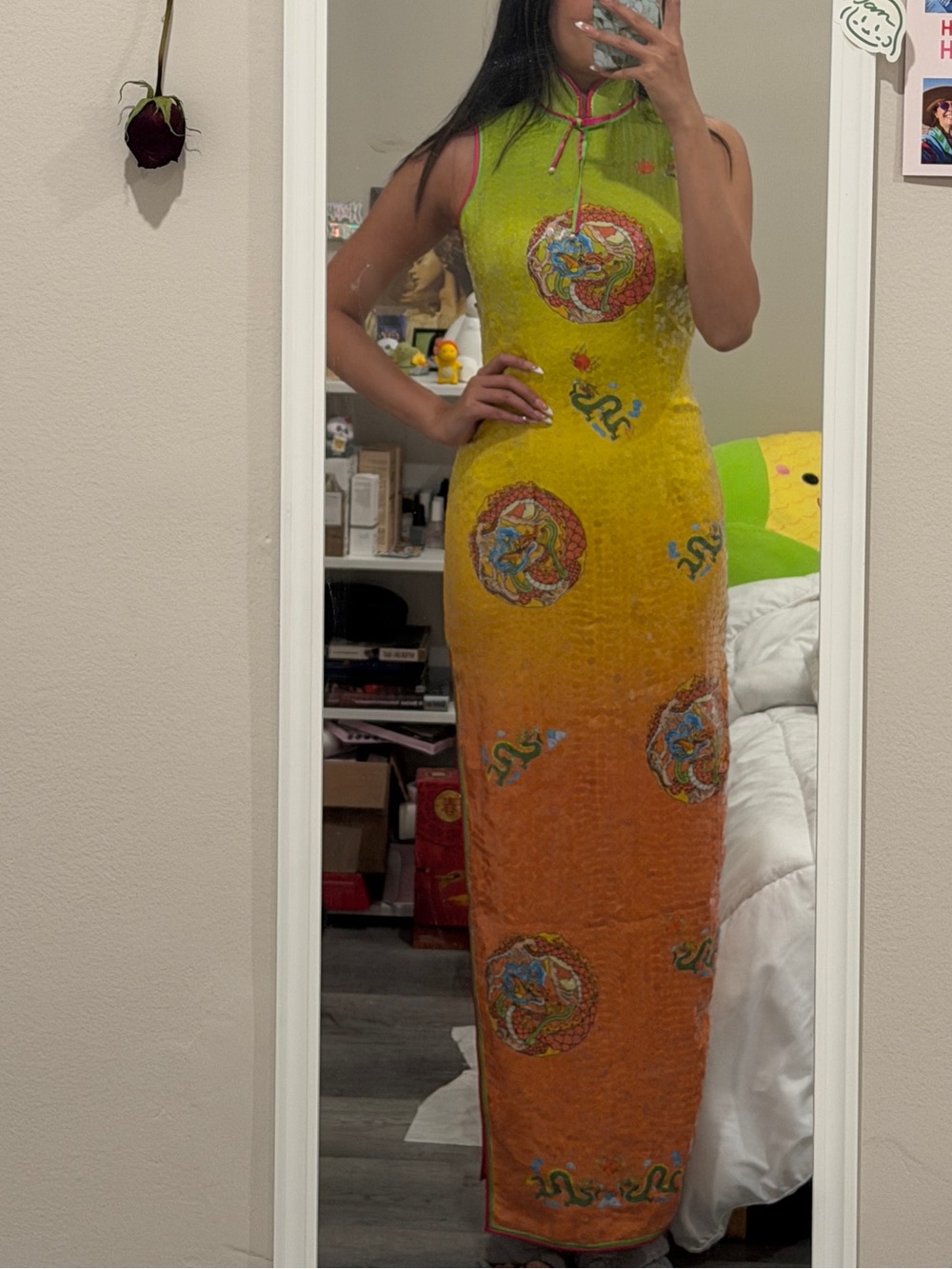 Gradient Qipao Dress with Dragon Motif - Yellow to Orange